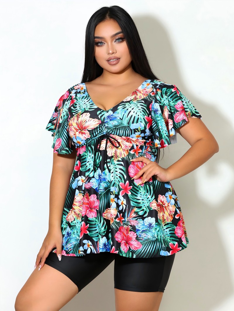 Plus Floral Print V-Neck Top With Drawstring And Boyshorts Black Swimwear Set